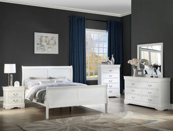 White Louis Philippe Full Size Bed, Dresser, Mirror, Nightstand and Chest Set