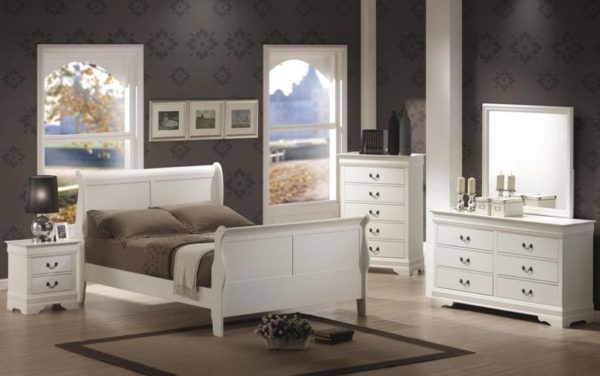 White Louis Philippe Queen Size Bed, Dresser, Mirror, Nighstand and Chest Set