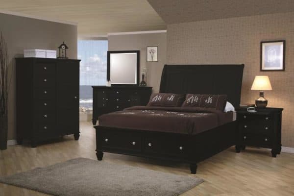 Sandy Beach (Black) Queen Size Storage Bed, Dresser, Mirror, & Nightstand Set