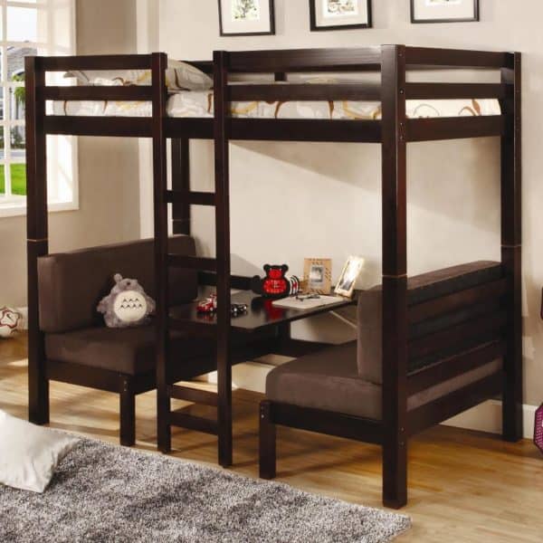 Dark Oak Convertable Loft Bed  with Twin Bunkie Mattress