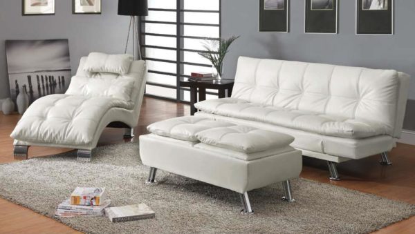 Dilleston White Vinyl Sofa Bed, Chaise, & Storage Ottoman Set