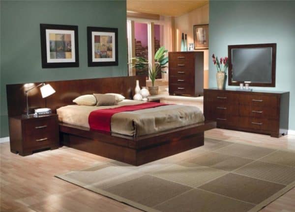 Jessica Cappuccino Queen Size Platform Bed, Dresser, Mirror, & (2) Panel Nightstands Set