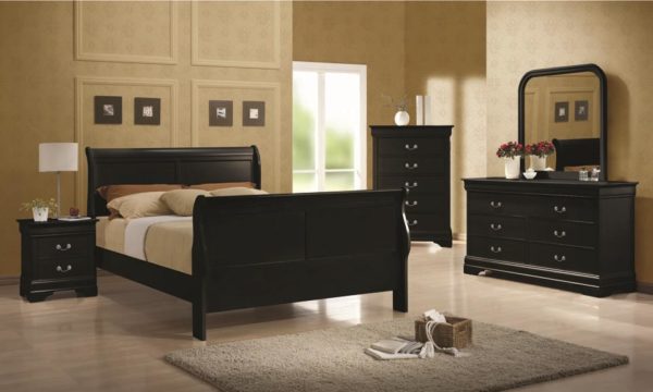 Black Louis Philippe Queen Bed, Dresser, Mirror, Chest, & Nightstand Set