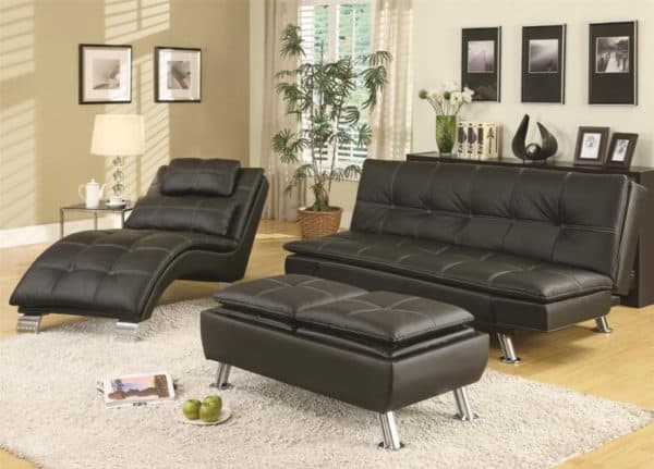 Dilleston Black Vinyl Sofa Bed, Chase, & Storage Ottoman Set