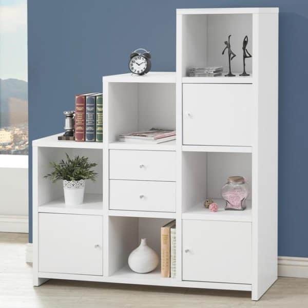 Asymmetrical White Bookcase with Cube Storage Compartments