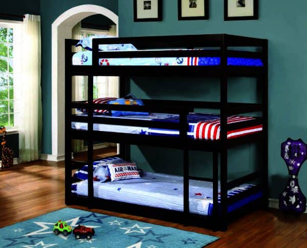 Cappuccino Triple Twin Layer Bunk Bed with Bunkie Mattresses