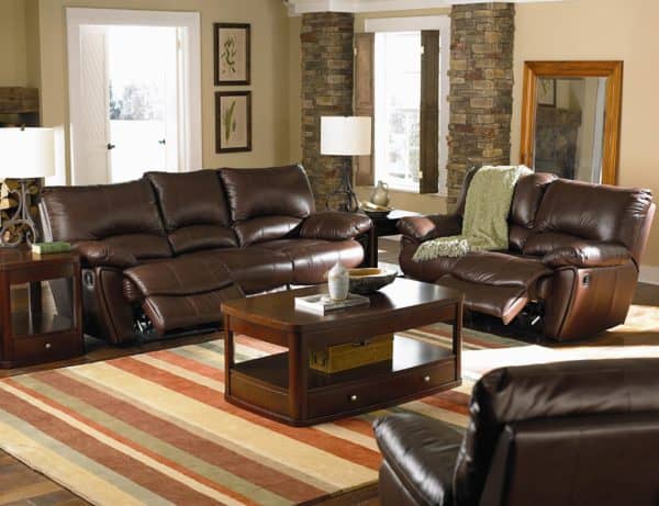 Clifford Brown Leather Double Power Reclining Sofa and Love Seat