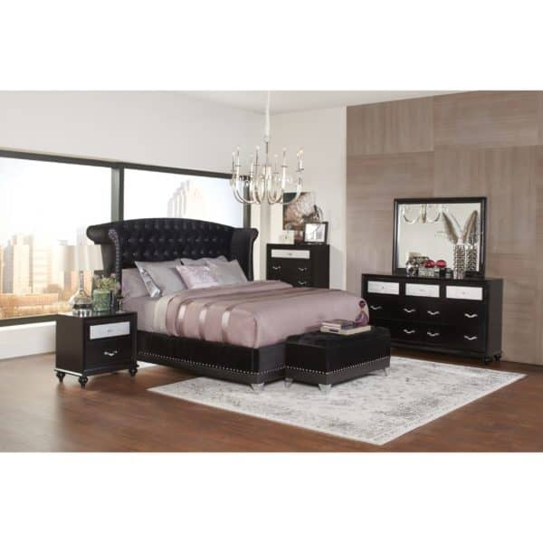 Barzini Glamorous Upholstered Queen Bed, Dresser, Mirror, and Nightstand