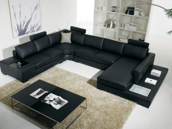 Divani Casa T35 - Modern Black Leather Sectional Sofa with Light