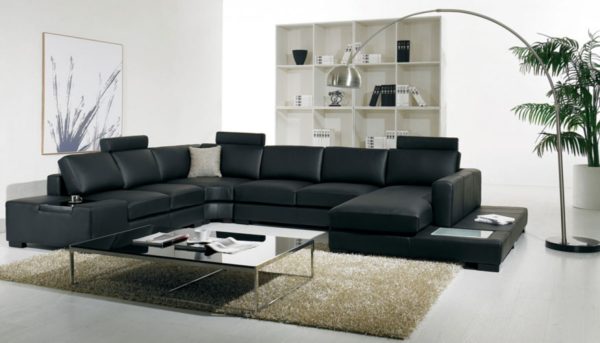 Divani Casa T35 - Modern Black Leather Sectional Sofa with Light - Image 2