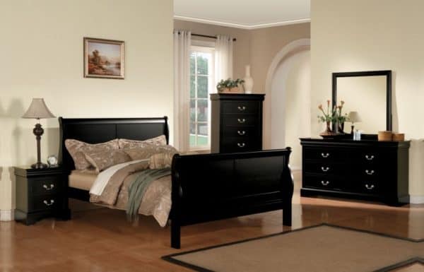 Louis Philippe III Black Finish King Size Bed, Dresser, Mirror, Chest and Nightstand