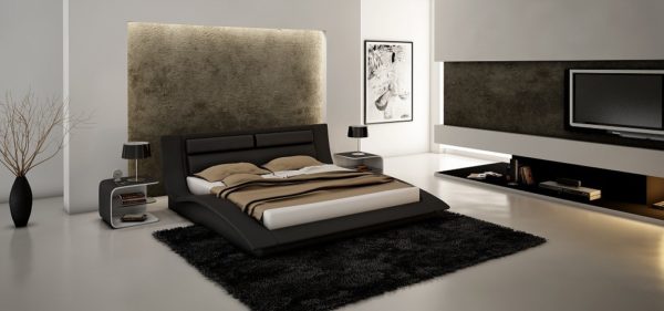 Queen Wave Bed in Black with 2 Nightstands