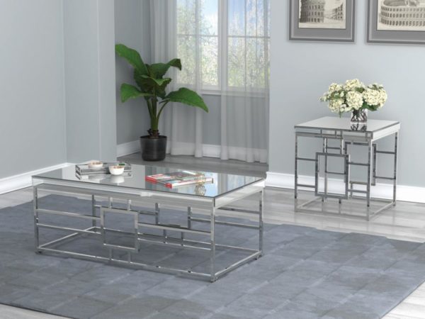 Geometric Mirrored Top Coffee Table and End Table Set