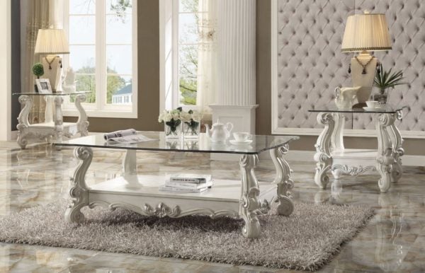 Versailles Bone White Finish Glass Coffee and End Table Set