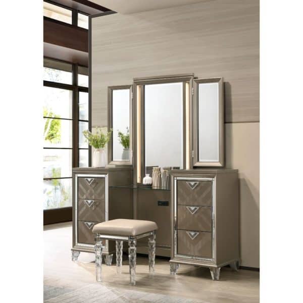 Skylar Dark Champagne Vanity Desk, Mirror, and Stool