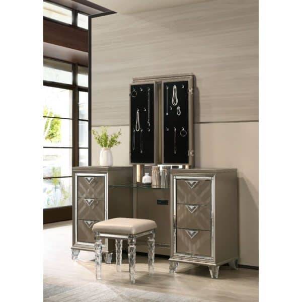 Skylar Dark Champagne Vanity Desk, Mirror, and Stool - Image 2