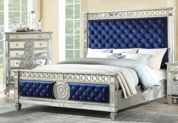 Varian Blue Velvet & Mirrored Bed Queen Bed