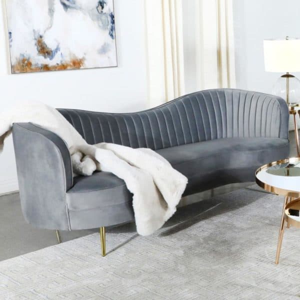 Sophia Upholstered Sofa with Camel Back Grey and Gold