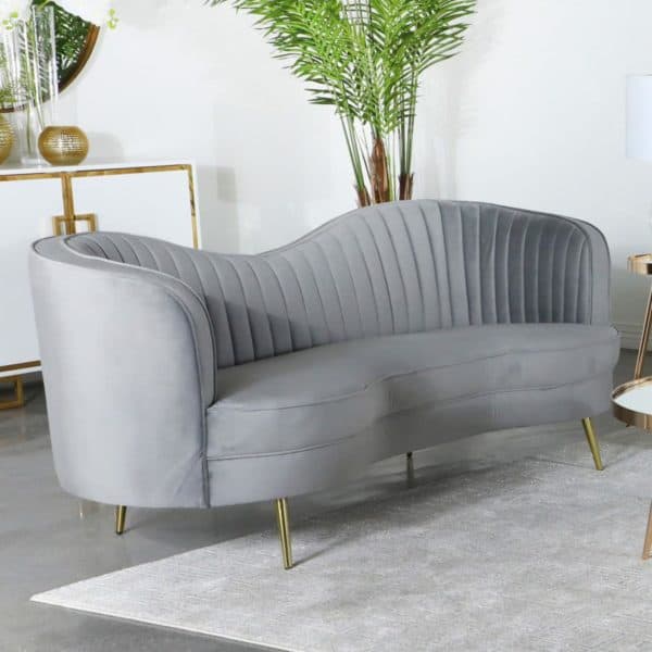 Sophia Upholstered Loveseat with Camel Back Grey and Gold