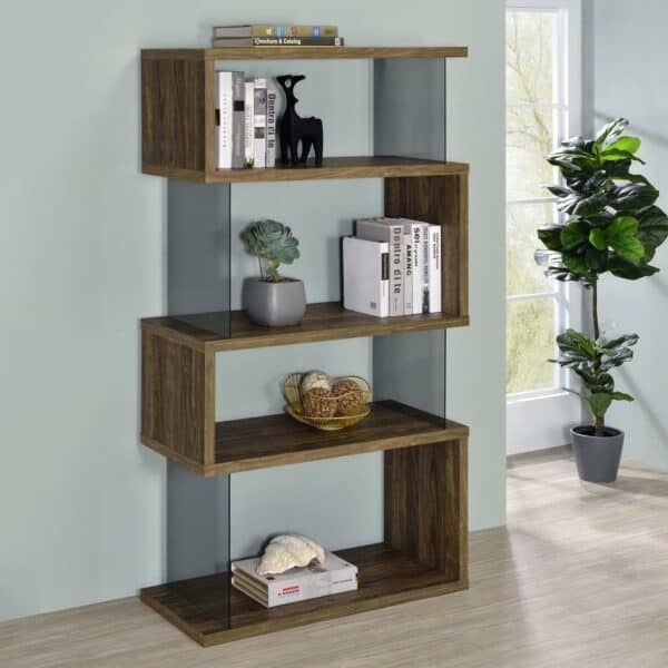 Emelle 4-shelf Walnut Bookcase with Glass Panels