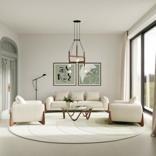 Modrest Fleury - Contemporary Cream Fabric and Walnut Sofa & Chair