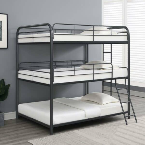 Garner Triple Full Bunk Bed with Ladder Gunmetal with Bunkie Mattresses