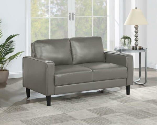 Ruth Upholstered Track Arm Faux Grey Leather Loveseat