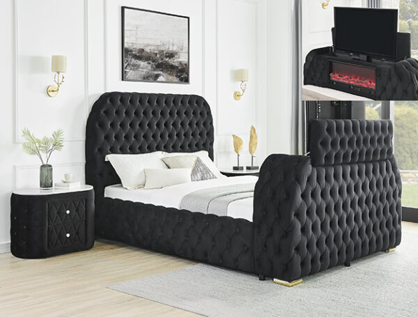 NATALIA BLACK KING BED W/FIREPLACE DECOR, BLUETOOTH SPEAKERS, & TV LIFT