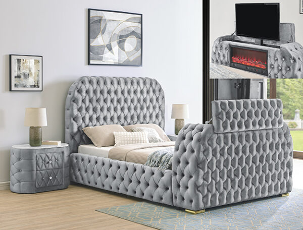 NATALIA GREY KING BED W/FIREPLACE DECOR, BLUETOOTH SPEAKERS, & TV LIFT