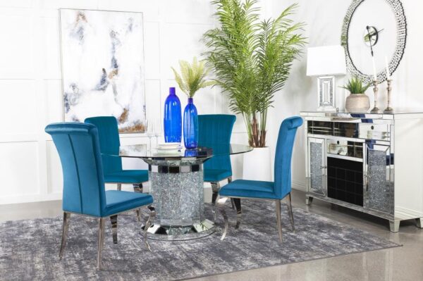 Ellie Teal 5-piece Mirrored Pedestal Dining Table Set