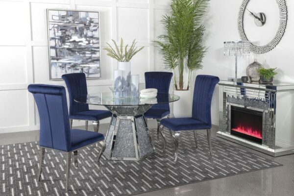 Quinn Blue 5-piece Round Glass Top Mirrored Dining Set