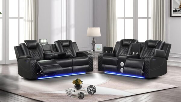 6088 Leather Power Reclining LED Sofa Set with Bluetooth Speakers