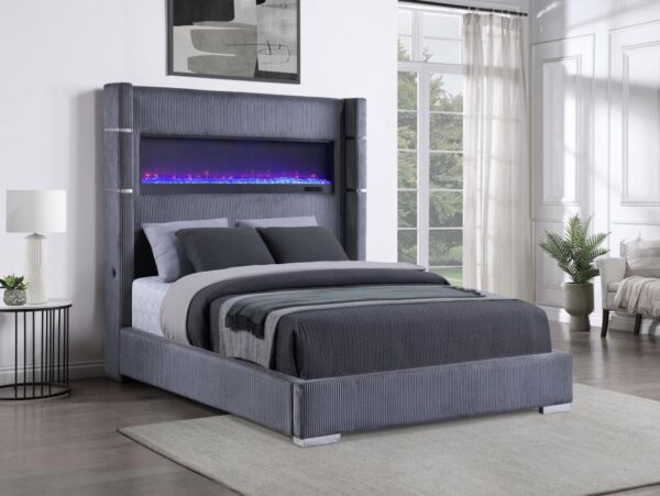 Tisdall Grey Upholstered King Flame Visualizer Bed