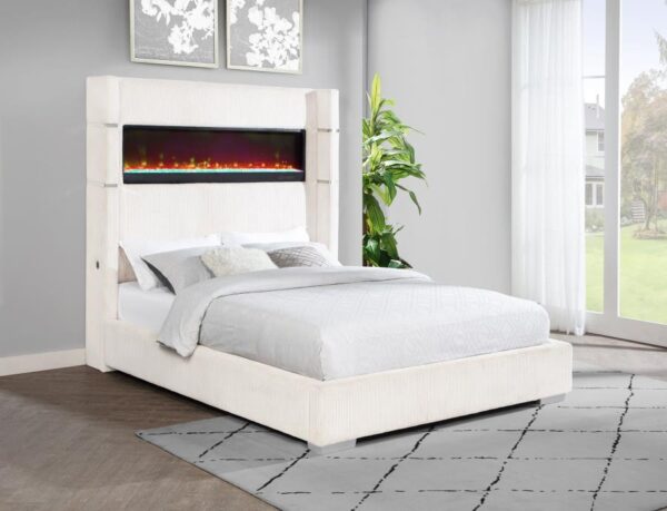 Tisdall Cream Upholstered Eastern King Flame Visualizer Bed